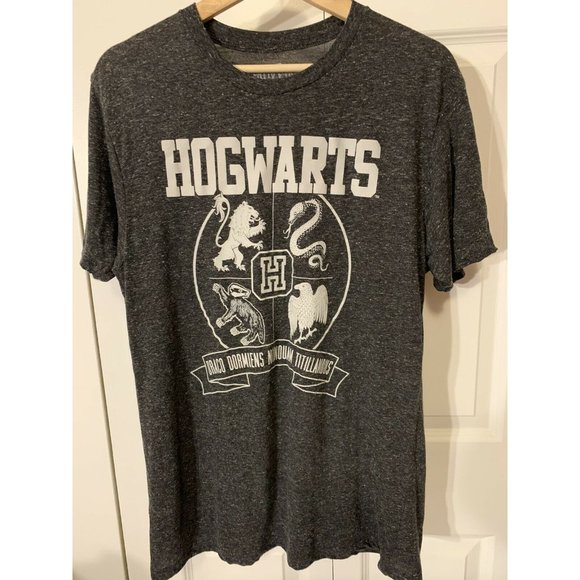 Harry Potter Men’s Sz L T-Shirt Gray Hogwarts Draco Dormiens Nunquam Titillandus - Picture 2 of 5
